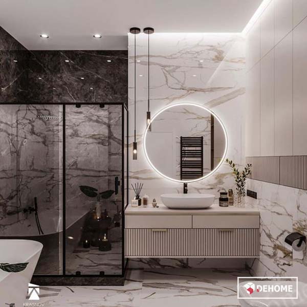 Gương treo nhà tắm hình tròn đèn led tô điểm không gian