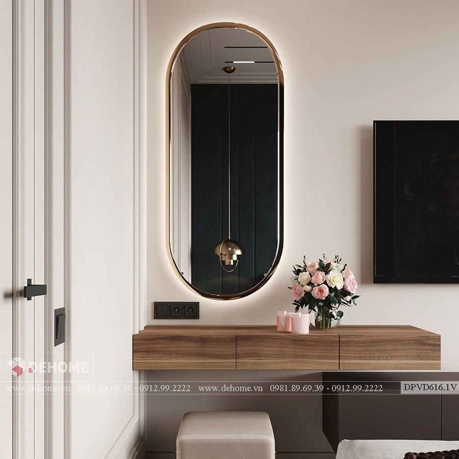 Gương trong khung inox mạ pvd trong phòng khách