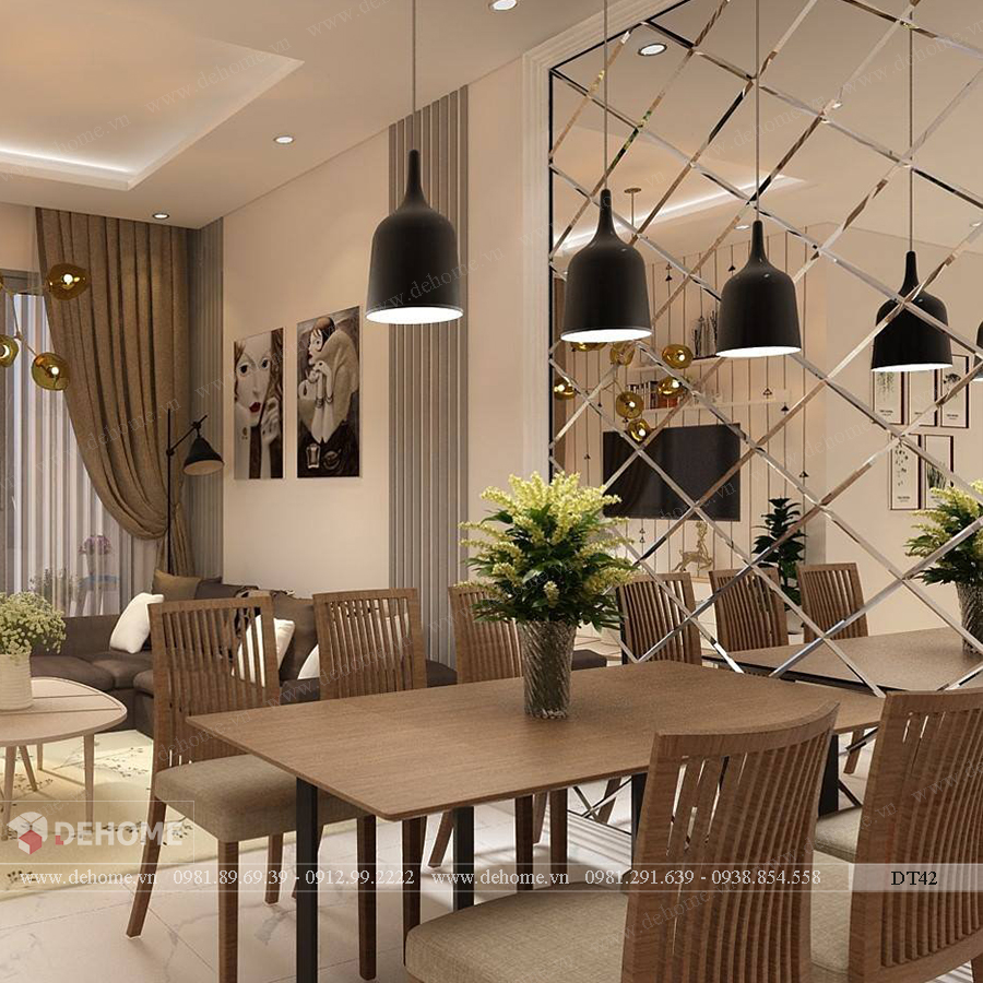 Gương ghép tường phòng bếp giúp tạo điểm nhấn và mở rộng không gian